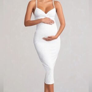 WHITE MATERNITY CAMI MIDI DRESS WITH TWIST PLUNGE